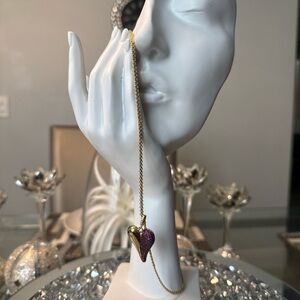 Gold Tone Double Heart Purple Crystal Pave Pendant Romantic Statement Jewelry